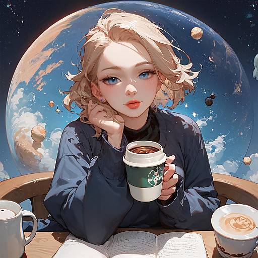 Girl Sipping Coffee in Space Cafe
