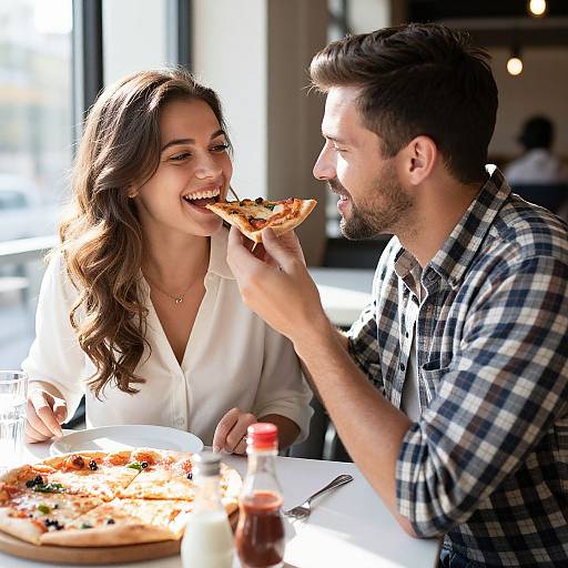 Photograph of a smiling couple at a sunlit restaurant, sharing a slice of pizza; woman in white blouse, man in plaid shirt.