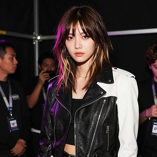 Photograph of a young Asian woman with straight, dark brown hair and pink highlights, wearing a black leather jacket with white accents, standing in a dim