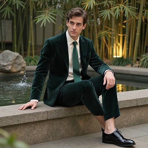 Photograph of a young man with dark hair, wearing a black velvet suit, white shirt, green tie, and black shoes, sitting on a stone
