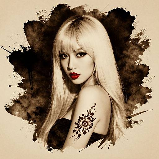 Digital art of a pale-skinned, blonde woman with red lips, black strapless top, and floral tattoo on her shoulder, set against a dark
