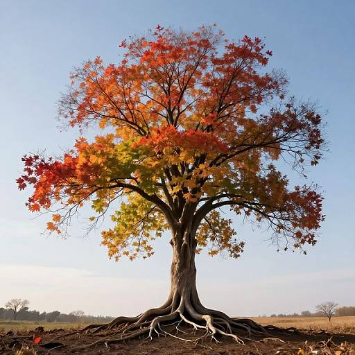 Photograph of a solitary tree with vibrant red, orange, and yellow autumn leaves, set against a clear blue sky, exposing its extensive root system.