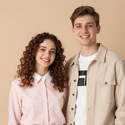 Happy Young Couple Portrait in Beige