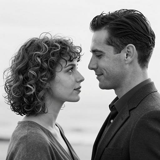 Black and White Portrait of Man and Woman Facing Each Other