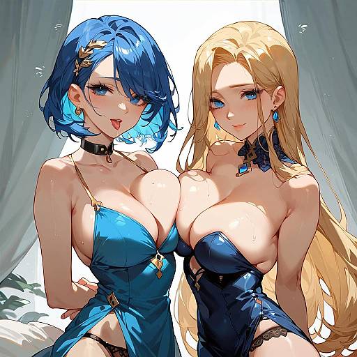 Two Anime Girls in Blue Dresses