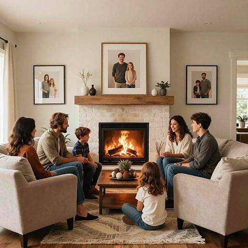 Photograph of a multi-ethnic family gathered around a fireplace in a modern living room, with framed family photos on the white walls.