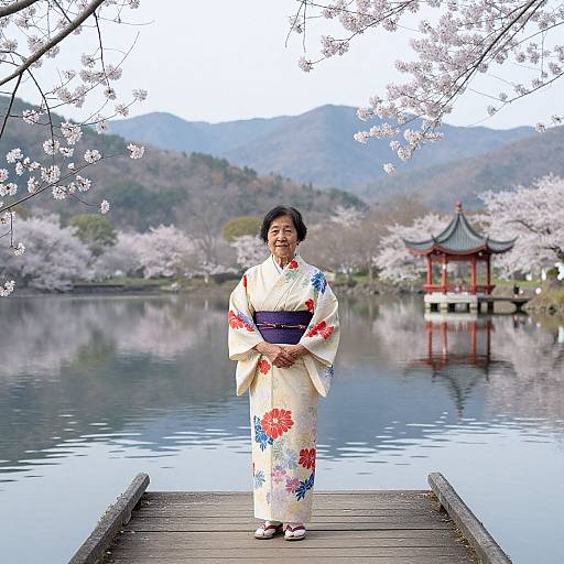 Japanese woman in floral kimono stands on wooden dock, cherry blossoms above, red pagoda reflected in calm lake, mountains in background.