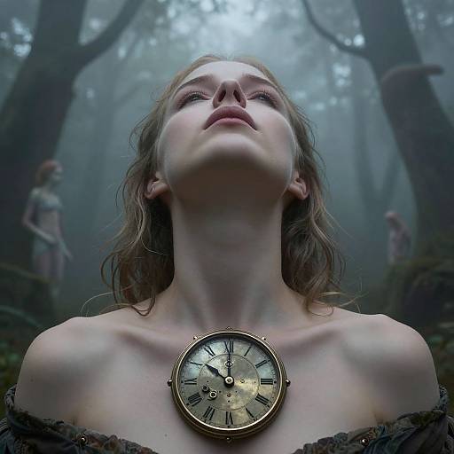 Photograph of a woman with wavy brown hair, looking up in a misty forest, wearing a clock pendant around her bare neck, with two