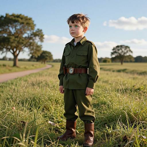Photograph of a young boy in a green military-style uniform with brown boots, standing in a sunlit grassy field, path in background, trees