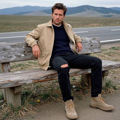 Photograph of a bearded man with short brown hair, wearing a beige jacket, black ripped jeans, and tan boots, sitting on a weathered