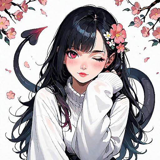 Stunning Anime Demon Girl with Flower