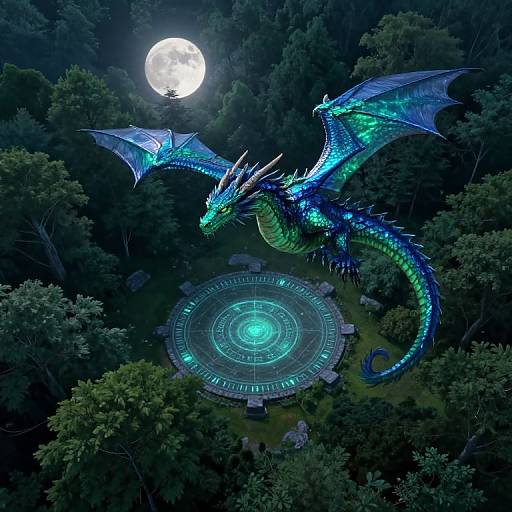 Digital artwork of a glowing blue-green dragon with bioluminescent scales hovering above a glowing circular magic circle in a moonlit forest.