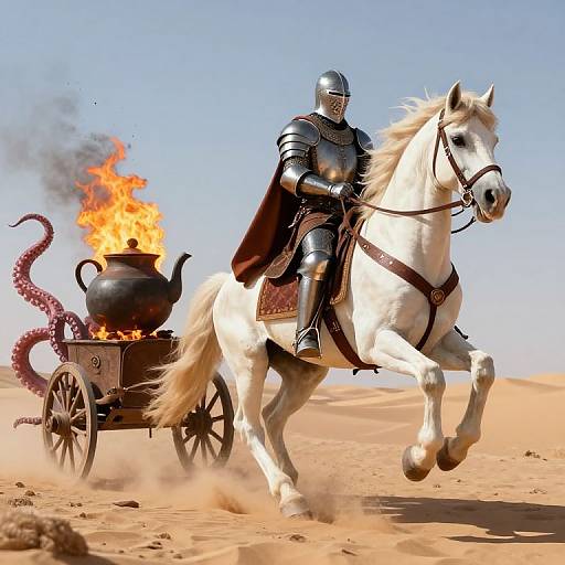 Knight in silver armor riding white horse, pulling cart with fiery teapot and serpent, in bright desert under clear blue sky.