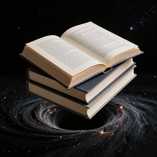 Photograph of an open, glowing book stacked on three closed books, floating in a swirling galaxy with stars against a black space background.