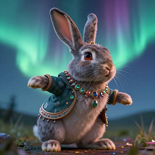 CGI image of a cute, grey-furred bunny in an ornate green velvet jacket and jeweled necklace, standing out against a vibrant, colorful