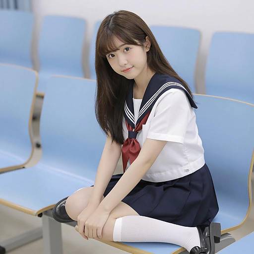 Serene Asian Woman in Sailor Outfit