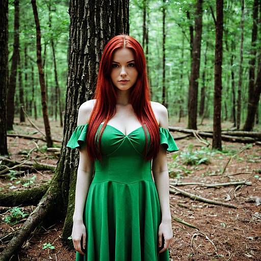 Woman in Green Dress Standing in Forest