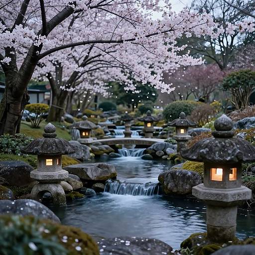 Photograph of a serene Japanese garden with cherry blossom trees, stone lanterns, a flowing stream, and moss-covered rocks at dusk.