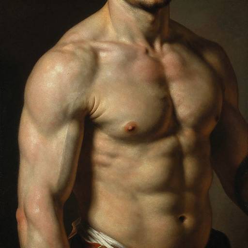 Photograph of a muscular, shirtless man with defined abs and pectorals, light skin, short hair, dark background, and subtle shadows.