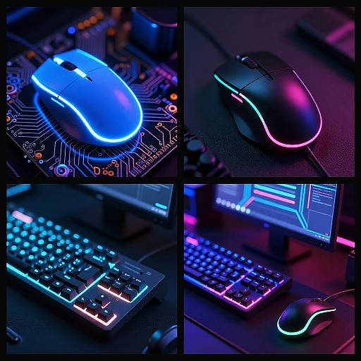 Photograph of four neon-lit computer peripherals: blue glowing mouse, black mouse with pink outline, blue keyboard, and black keyboard with purple outline,