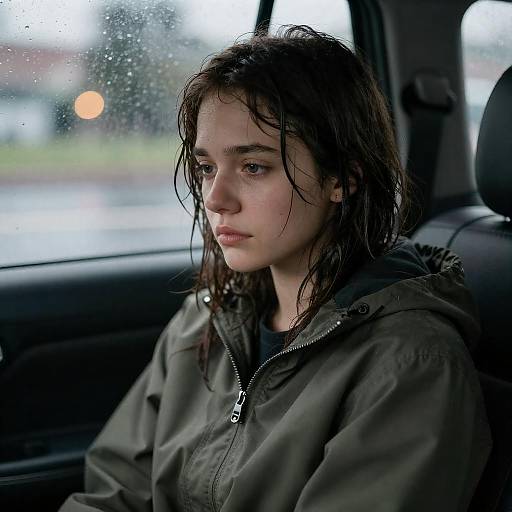 Melancholic Woman in Rainy Car