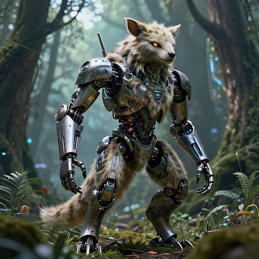 Photorealistic CGI of a cybernetic wolf with glowing orange eyes standing in a misty forest, blending fur and metallic parts.