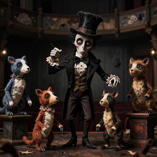 Whimsical Gothic Puppeteer in Crumbling Theater
