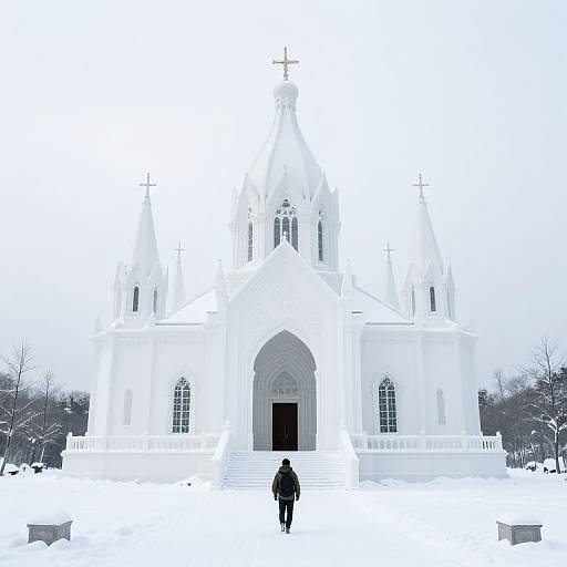 Photograph of a snow-covered white church with a central cross, arched entrance, and two smaller towers, with a lone figure in black standing on