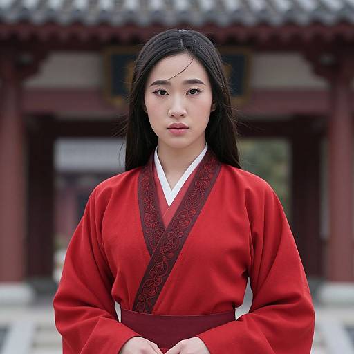 Photograph of a young Asian woman with long black hair, wearing a red traditional Korean hanbok with black embroidery, standing in front of a traditional