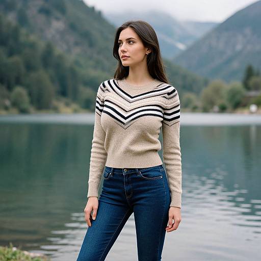 Photograph of a young woman with long brown hair, wearing a beige sweater with black stripes and dark blue jeans, standing by a calm lake with forest