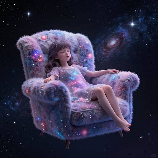 Photorealistic CGI of a sleeping girl with closed eyes in a glowing, cosmic, fur-covered armchair with colorful stars and galaxies in the background.