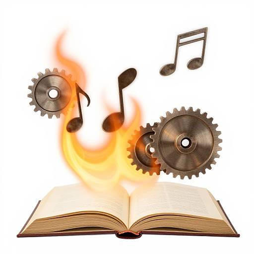 Digital illustration of an open book with flames, musical notes, and rotating gears, symbolizing fiery creativity and mechanical inspiration.