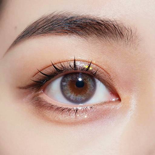 Close-up photograph of a greenish-blue eye with long lashes, light brown eyebrow, and subtle pink eyeshadow, highlighting the detailed iris and reflecting