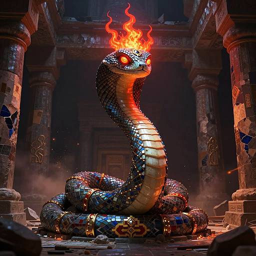 Digital artwork of a glowing, fiery-headed serpent with metallic scales, sitting in a dark, ancient temple with broken columns and hieroglyphs.