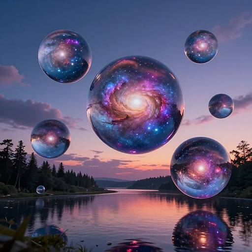 Photograph of a twilight lake with silhouetted trees, reflecting a vibrant sunset sky. Large, transparent soap bubbles float, each filled with a