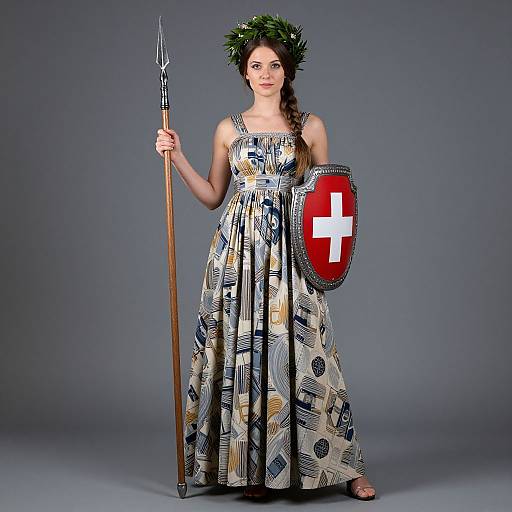 Photograph of a woman in a patterned, ankle-length dress, holding a spear and shield with a red cross, wearing a green leaf crown,