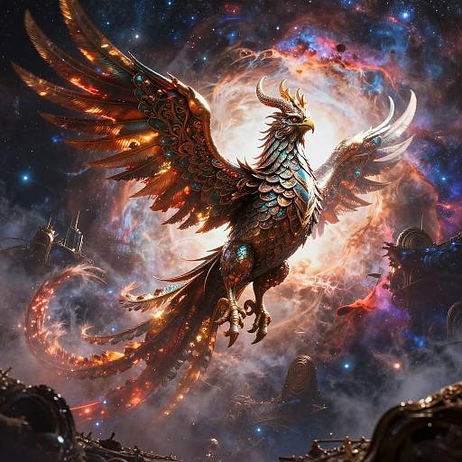 Digital art of a fiery, metallic phoenix with glowing red and orange feathers, soaring through a vibrant, cosmic nebula, surrounded by swirling clouds and bright