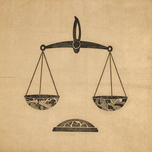 Vintage-style drawing of a balanced scale with intricate patterns on the bowls, set against a textured beige background.