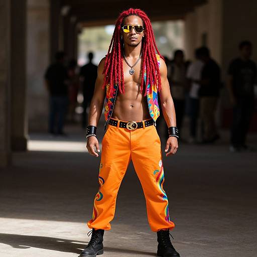 Photorealistic CGI of a muscular man with red dreadlocks, sunglasses, colorful vest, orange pants, black boots, and wristbands, standing confidently