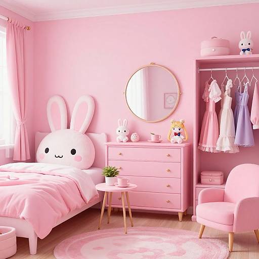 Pink-themed bedroom photograph: bunny decal, pink dresser, round mirror, clothes rack, cute plush toys, pastel dresses, pink chair, circular