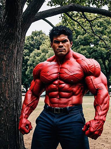 Red Hulk-Style Muscular Male Outdoors