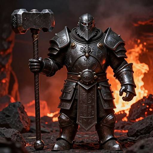 Photorealistic digital artwork of a heavily armored warrior holding a massive, ornate hammer, standing before a fiery, volcanic backdrop.