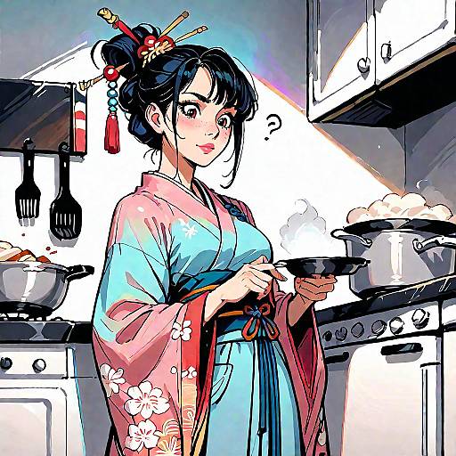Anime Girl in Kimono Cooking in Kitchen