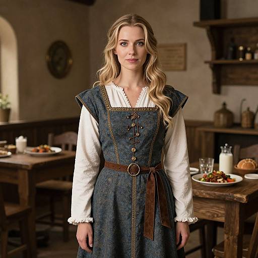 Photograph of a blonde woman with wavy hair, wearing a blue, buttoned, long-sleeve dress over a white blouse, standing in