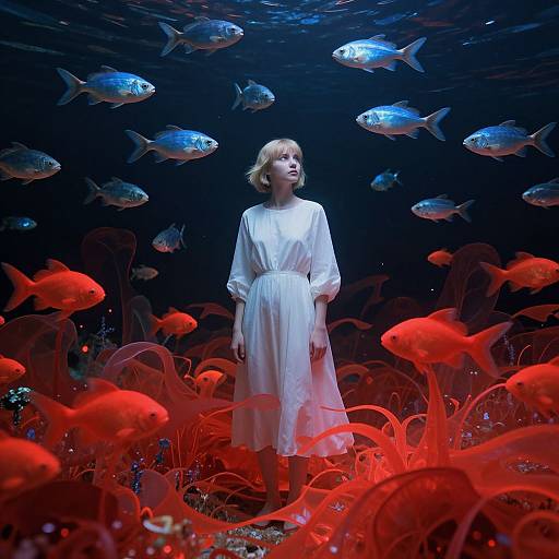 Photograph of a blonde woman in a white dress standing underwater, surrounded by glowing red fish and blue fish, against a dark background. Surreal and