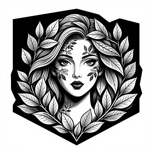 Black and white ink drawing of a woman with intense eyes, surrounded by leafy vines, in a hexagonal frame.