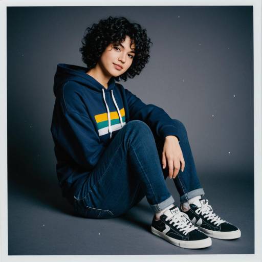 Young woman in casual navy hoodie and jeans