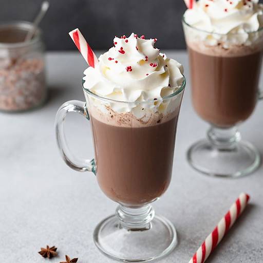 Photograph of two glasses of chocolate peppermint hot cocoa with whipped cream, red-striped straws, and sprinkles, on a gray surface.