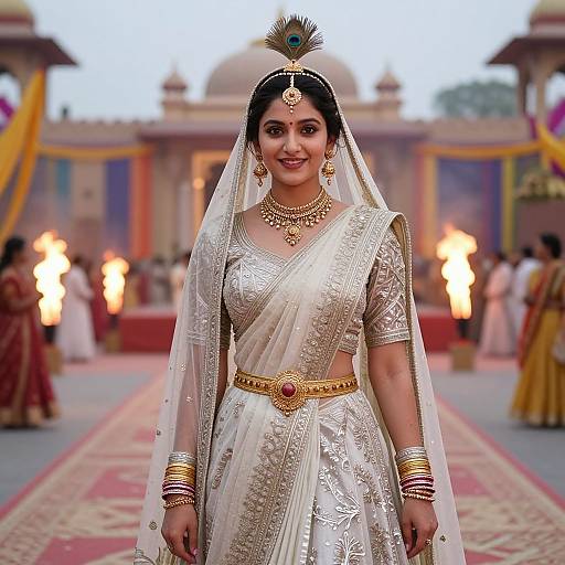 Photograph of a smiling Indian bride in a white, gold-embroidered saree with a peacock feather headpiece, standing in a colorful