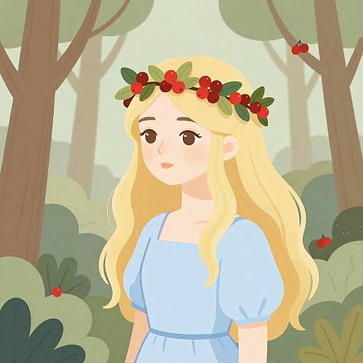 Digital illustration of a blonde girl with a red berry and green leaf crown, wearing a light blue dress, standing in a sunlit forest.